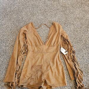 Tan Fringe Long Sleeve Romper